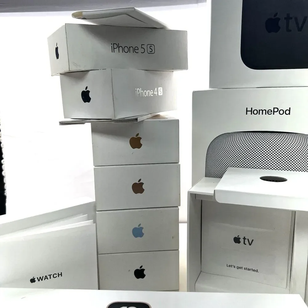 Lot of Apple BOXES ONLY: 6 iPhones, 4 Watches, TV, 2 AirPods, Charger, Home Pod